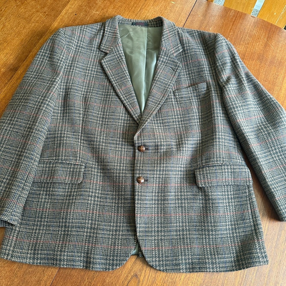 English Manor Brown Plaid Pure Wool Two Button Blazer Sport Coat 50R Classic